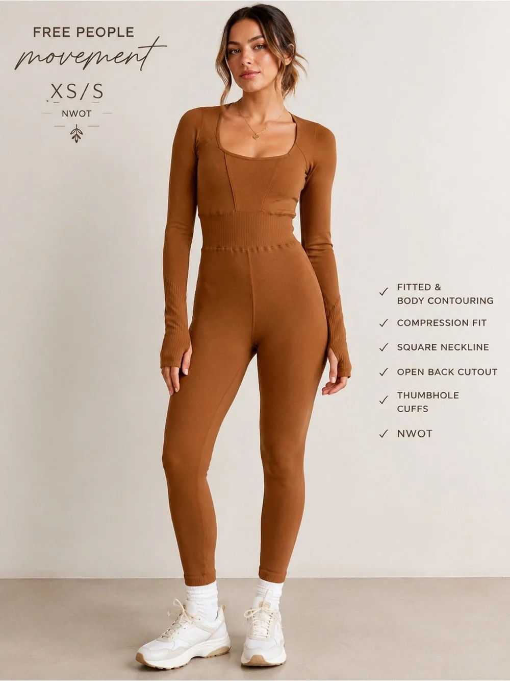 Free People Movement Brown Long Sleeve Open Back Jumpsuit XS/S NWOT